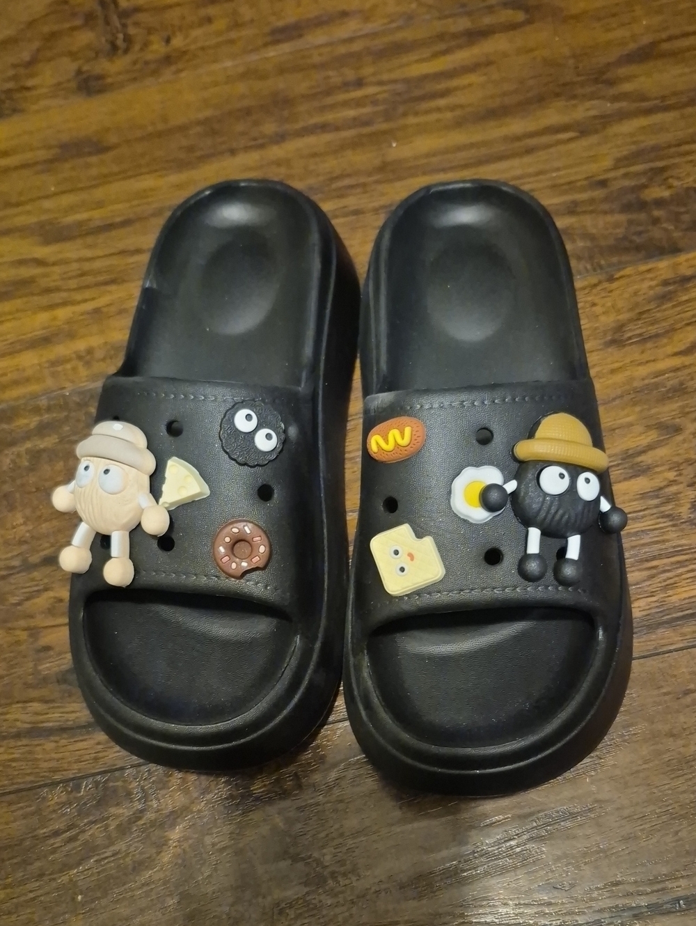 Women Black Slide Sandals with Fun Food Charms